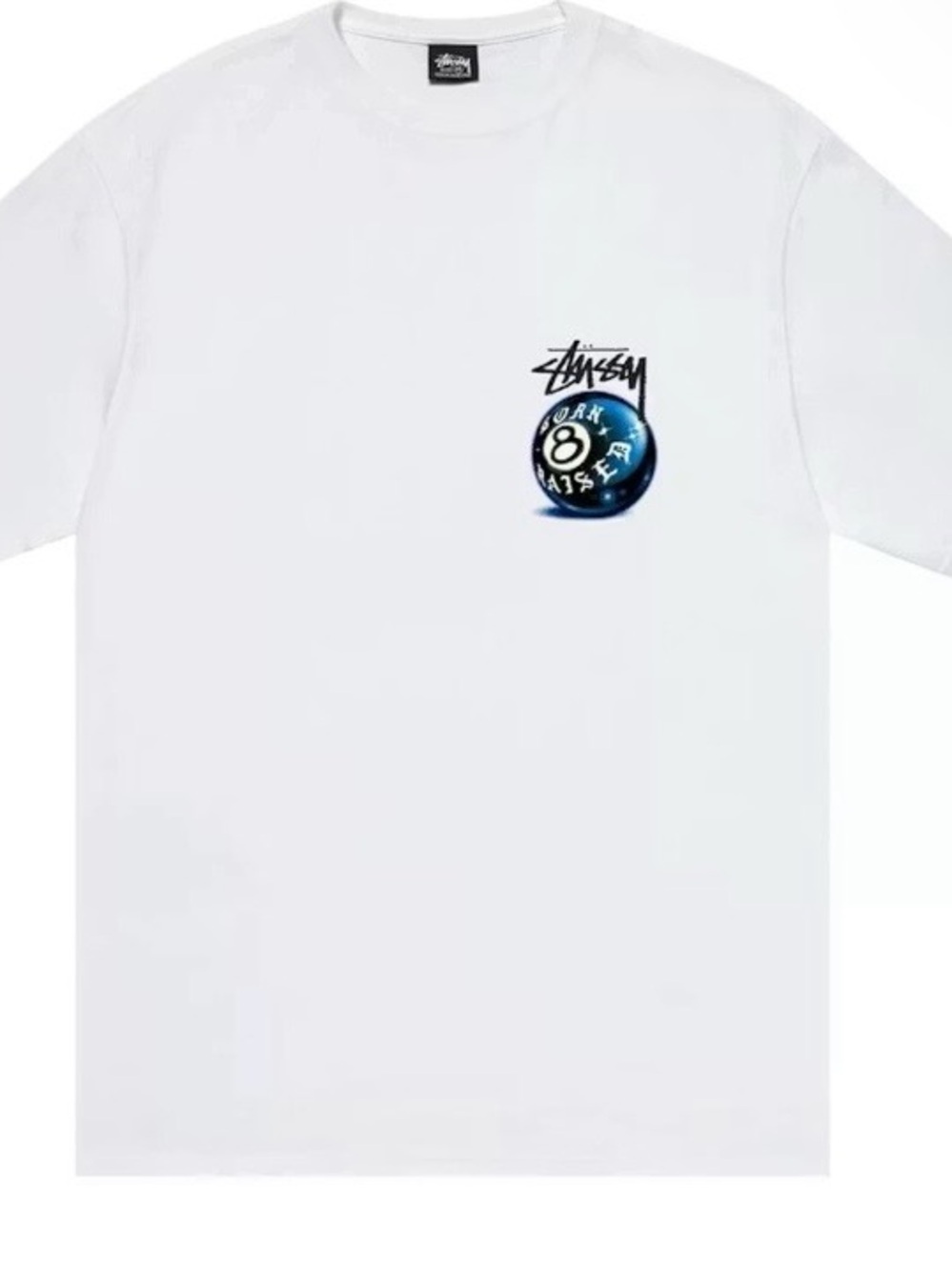 Stussy White Tee with Blue 8-Ball Graphic